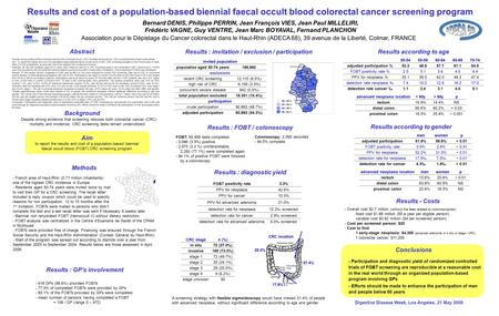 Results and cost of a population-based biennial faecal occult blood colorectal cancer screening program Bernard DENIS, Philippe PERRIN, Jean François VIES,