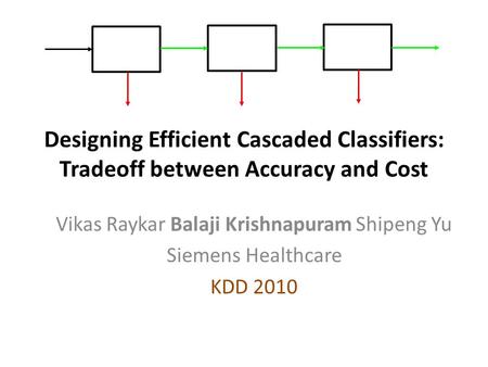 Designing Efficient Cascaded Classifiers: Tradeoff between Accuracy and Cost Vikas Raykar Balaji Krishnapuram Shipeng Yu Siemens Healthcare KDD 2010 TexPoint.