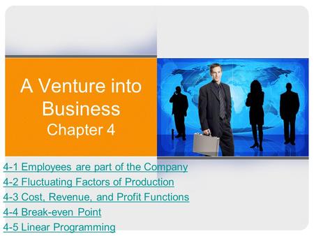 A Venture into Business Chapter 4 4-1 Employees are part of the Company 4-2 Fluctuating Factors of Production 4-3 Cost, Revenue, and Profit Functions 4-4.