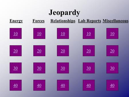 40 30 20 10 40 30 40 30 20 10 40 30 20 10 EnergyForcesLab ReportsRelationshipsMiscellaneous Jeopardy.