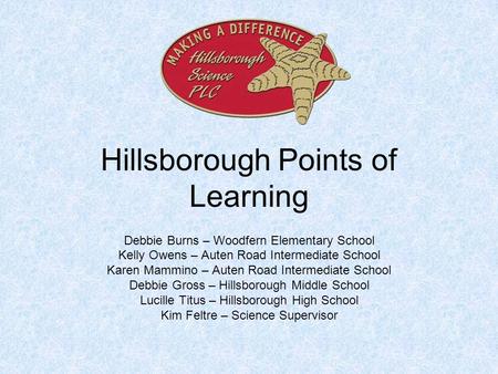 Hillsborough Points of Learning Debbie Burns – Woodfern Elementary School Kelly Owens – Auten Road Intermediate School Karen Mammino – Auten Road Intermediate.