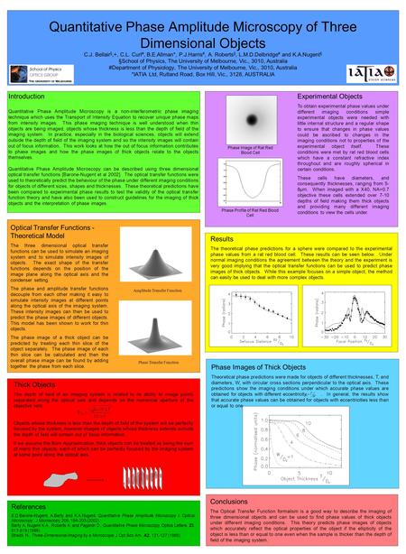 Quantitative Phase Amplitude Microscopy of Three Dimensional Objects C.J. Bellair §,+, C.L. Curl #, B.E.Allman*, P.J.Harris #, A. Roberts §, L.M.D.Delbridge.