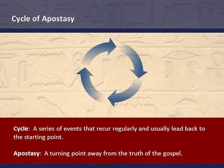 Cycle of Apostasy Cycle: A series of events that recur regularly and usually lead back to the starting point. Apostasy: A turning point away from the truth.