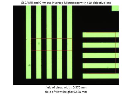 GSCAM5 and Olympus Inverted Microscope with x10 objective lens field of view: width: 0.570 mm field of view: height: 0.428 mm.