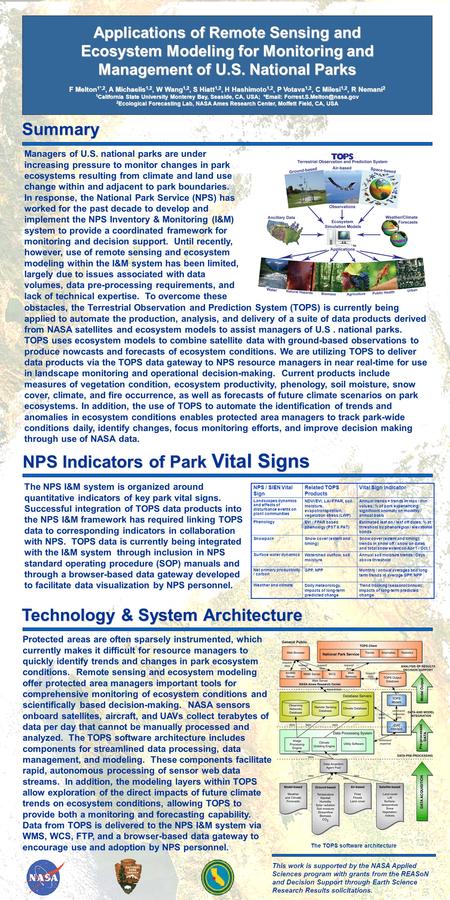 Applications of Remote Sensing and Ecosystem Modeling for Monitoring and Management of U.S. National Parks F Melton 1*,2, A Michaelis 1,2, W Wang 1,2,