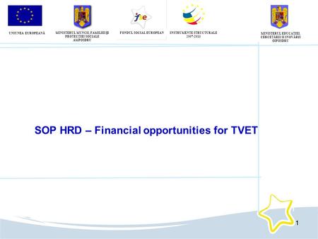 11 SOP HRD – Financial opportunities for TVET 1 UNIUNEA EUROPEANĂ FONDUL SOCIAL EUROPEANINSTRUMENTE STRUCTURALE 2007-2013 MINISTERUL MUNCII, FAMILIEI I.