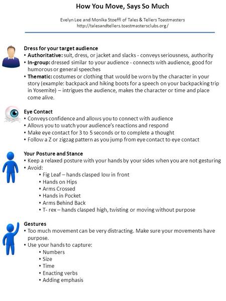 How You Move, Says So Much Evelyn Lee and Monika Stoeffl of Tales & Tellers Toastmasters  Dress for your target.