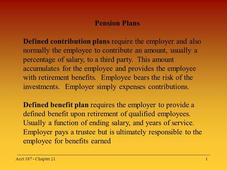 Acct 387 - Chapter 211 Pension Plans Defined contribution plans require the employer and also normally the employee to contribute an amount, usually a.