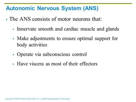 Copyright © 2006 Pearson Education, Inc., publishing as Benjamin Cummings Autonomic Nervous System (ANS)  The ANS consists of motor neurons that:  Innervate.