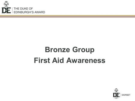 Bronze Group First Aid Awareness. Purposes of First Aid Preserve life Prevent further injury Promote recovery.