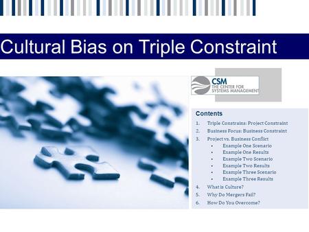 Contents 1.Triple Constrains: Project Constraint 2.Business Focus: Business Constraint 3.Project vs. Business Conflict Example One Scenario Example One.