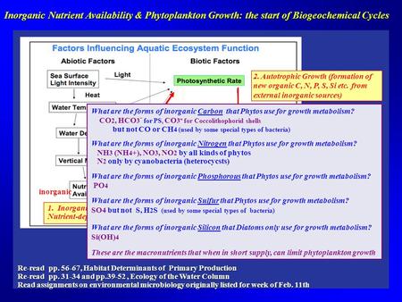 Inorganic Nutrient Availability & Phytoplankton Growth: the start of Biogeochemical Cycles Re-read pp. 56-67, Habitat Determinants of Primary Production.