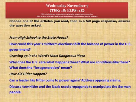 Choose one of the articles you read, then in a full page response, answer the question asked. From High School to the State House? How could this year’s.