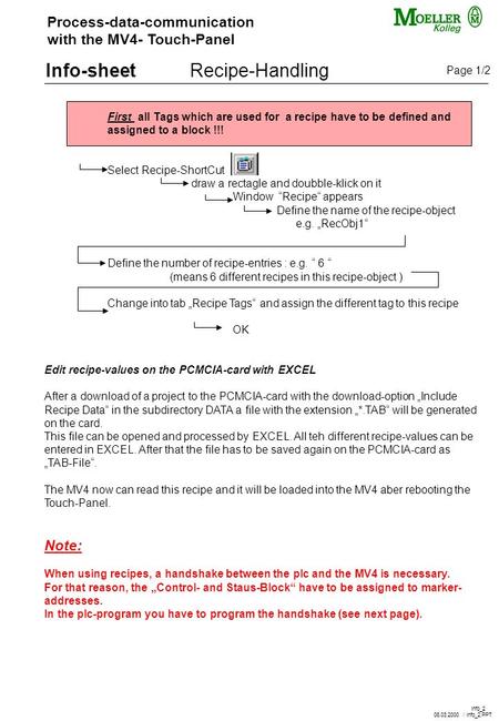 Process-data-communication with the MV4- Touch-Panel Info-sheet Info_2 Recipe-Handling First all Tags which are used for a recipe have to be defined and.