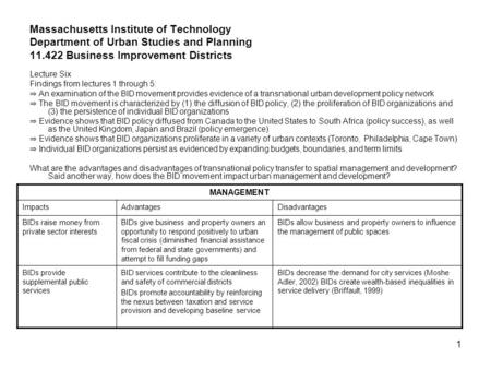 1 Massachusetts Institute of Technology Department of Urban Studies and Planning 11.422 Business Improvement Districts Lecture Six Findings from lectures.