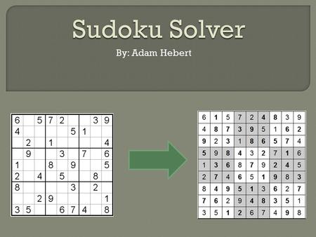 By: Adam Hebert.  Why Sudoku?  Attempts at an App  MATLAB Implementation - Use of webcam - Algorithm  Problems with method  Demonstration  Questions.