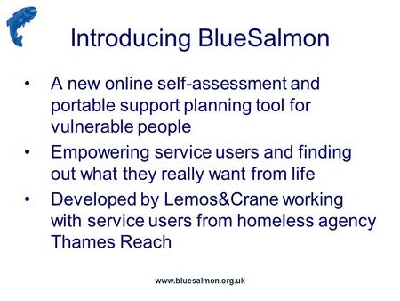 Www.bluesalmon.org.uk Introducing BlueSalmon A new online self-assessment and portable support planning tool for vulnerable people Empowering service users.