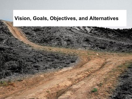 Vision, Goals, Objectives, and Alternatives. Objectives  Define vision, goals, objectives, and alternatives within the planning context.  Describe collaborator.