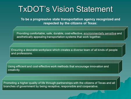 Ensuring a desirable workplace which creates a diverse team of all kinds of people and professions. To be a progressive state transportation agency recognized.