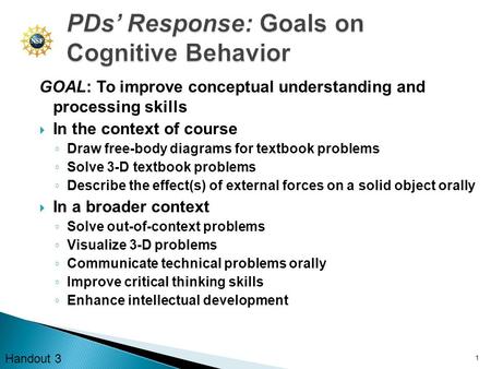 GOAL: To improve conceptual understanding and processing skills  In the context of course ◦ Draw free-body diagrams for textbook problems ◦ Solve 3-D.