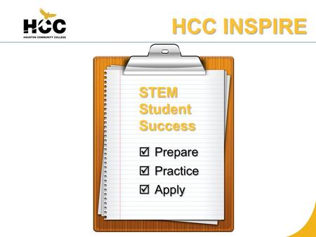 HCC INSPIRE. INSPIRE Goal 2: PRACTICE QEP case study modules BIOL 1406, CHEM 1411 & PHYS 1401 Challenging, pivotal chapter Leaner-Centered Pedagogy.