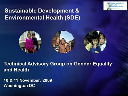 Sustainable Development & Environmental Health (SDE) Technical Advisory Group on Gender Equality and Health 10 & 11 November, 2009 Washington DC.