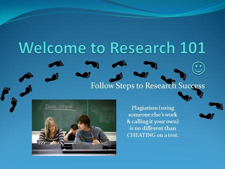 Follow Steps to Research Success Plagiarism (using someone else’s work & calling it your own) is no different than CHEATING on a test.