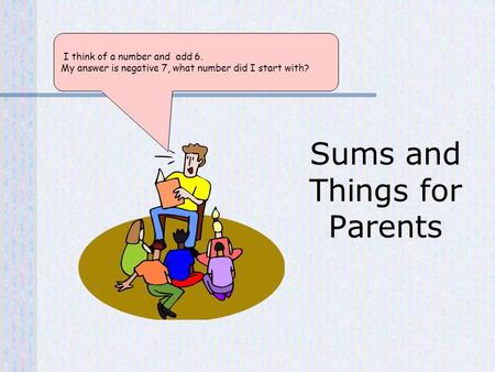 I think of a number and add 6. My answer is negative 7, what number did I start with? Sums and Things for Parents.