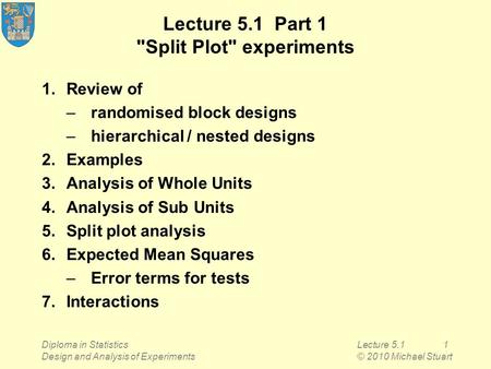 Diploma in Statistics Design and Analysis of Experiments Lecture 5.11 © 2010 Michael Stuart Lecture 5.1 Part 1 Split Plot experiments 1.Review of –randomised.