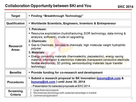 1 Collaboration Opportunity between SKI and You Research Areas Qualification Benefits Procedures Screening Criteria 1. Petroleum:  Resource exploitation.