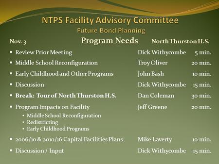 Program Needs North Thurston H.S. Nov. 3  Review Prior MeetingDick Withycombe5 min.  Middle School ReconfigurationTroy Oliver20 min.  Early Childhood.