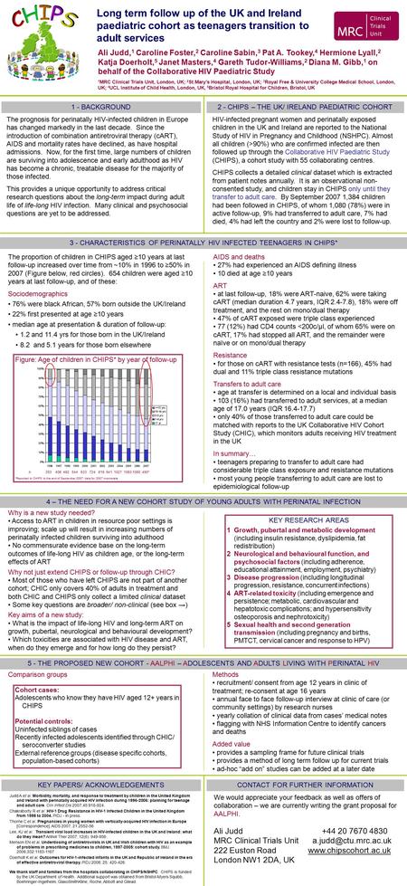 Long term follow up of the UK and Ireland paediatric cohort as teenagers transition to adult services Ali Judd, 1 Caroline Foster, 2 Caroline Sabin, 3.