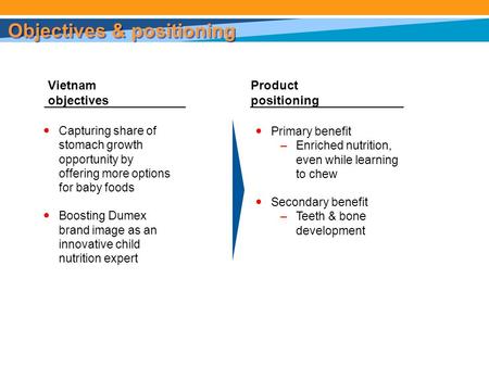 Objectives & positioning Capturing share of stomach growth opportunity by offering more options for baby foods Boosting Dumex brand image as an innovative.