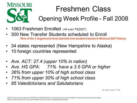 NOTE: Opening Week data are UNOFFICIAL MISSOURI S&T enrollment figures and are intended for internal campus planning purposes. Official enrollment counts.