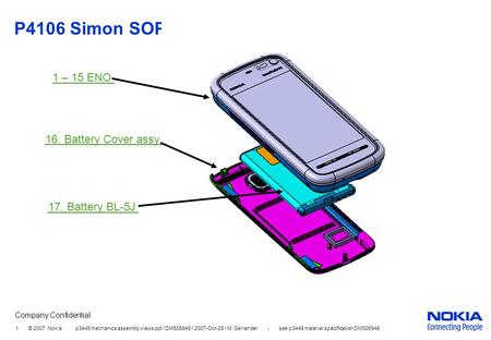 Company Confidential 1 © 2007 Nokia p3449 mechanics assembly views.ppt / DMS06949 / 2007-Oct-26 / M. Gerlander - see p3449 material specification DMS06948.