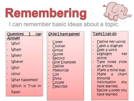 I can remember basic ideas about a topic. Questions I can Answer -Who? -What? -When? -Where? -Why? -How? -What happened? -Which is True or False? Questions.