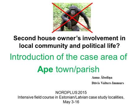 Second house owner’s involvement in local community and political life? Introduction of the case area of Ape town/parish NORDPLUS 2015 Intensive field.