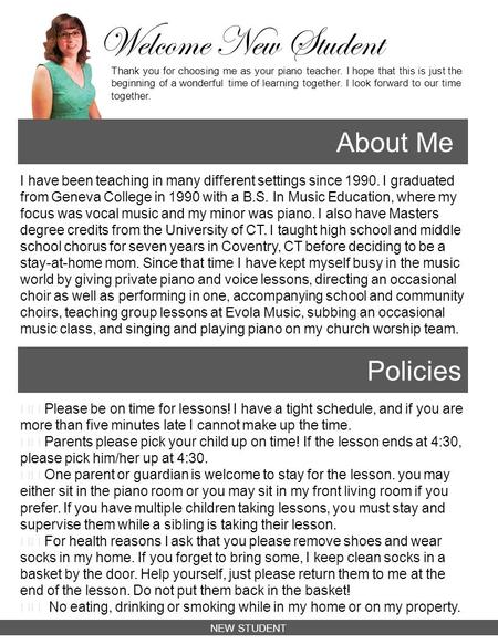 I have been teaching in many different settings since 1990. I graduated from Geneva College in 1990 with a B.S. In Music Education, where my focus was.