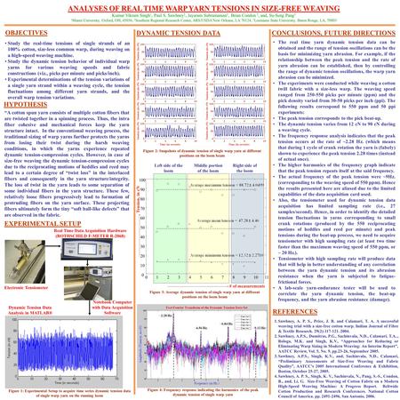 ANALYSES OF REAL TIME WARP YARN TENSIONS IN SIZE-FREE WEAVING Kumar Vikram Singh 1, Paul S. Sawhney 2, Jayaram Subramanian 3, Brian Condon 2, and, Su-Seng.