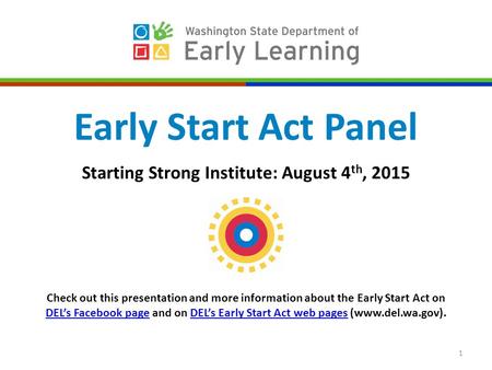 1 Early Start Act Panel Starting Strong Institute: August 4 th, 2015 Check out this presentation and more information about the Early Start Act on DEL’s.