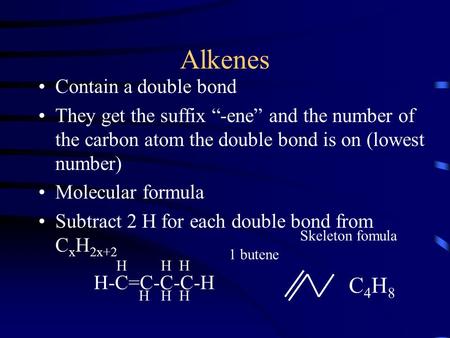 Alkenes Contain a double bond They get the suffix “-ene” and the number of the carbon atom the double bond is on (lowest number) Molecular formula Subtract.