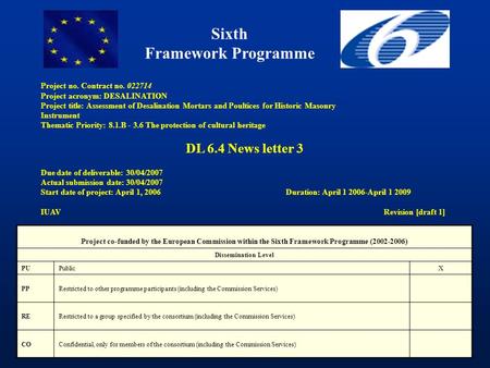 Sixth Framework Programme Project no. Contract no. 022714 Project acronym: DESALINATION Project title: Assessment of Desalination Mortars and Poultices.