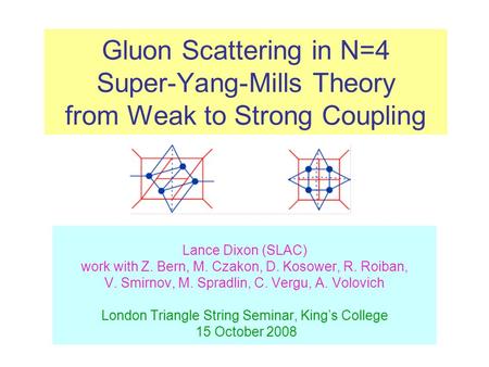 Gluon Scattering in N=4 Super-Yang-Mills Theory from Weak to Strong Coupling Lance Dixon (SLAC) work with Z. Bern, M. Czakon, D. Kosower, R. Roiban, V.