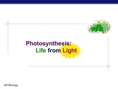 AP Biology Photosynthesis: Life from Light AP Biology How are they connected? glucose + oxygen  carbon + water + energy dioxide C 6 H 12 O 6 6O 2 6CO.