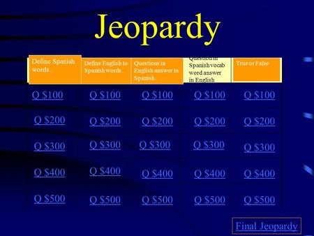 Jeopardy Question in Spanish vocab word answer in English Q $100 Q $200 Q $300 Q $400 Q $500 Q $100 Q $200 Q $300 Q $400 Q $500 Final Jeopardy Define.