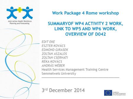 Work Package 4 Rome workshop SUMMARYOF WP4 ACTIVITY 2 WORK, LINK TO WP5 AND WP6 WORK, OVERVIEW OF D042 _____________________________ 3 rd December 2014.