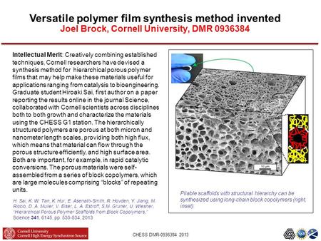 CHESS DMR-0936384 2013 Versatile polymer film synthesis method invented Joel Brock, Cornell University, DMR 0936384 Pliable scaffolds with structural hierarchy.