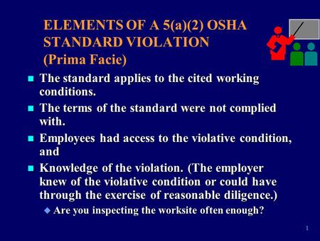 1 ELEMENTS OF A 5(a)(2) OSHA STANDARD VIOLATION (Prima Facie) n The standard applies to the cited working conditions. n The terms of the standard were.