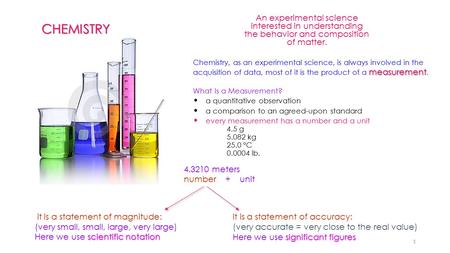 1 An experimental science interested in understanding the behavior and composition of matter. measurement Chemistry, as an experimental science, is always.