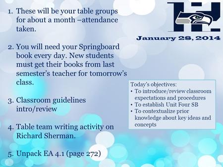 January 28, 2014 Today’s objectives: To introduce/review classroom expectations and procedures To establish Unit Four SB To contextualize prior knowledge.